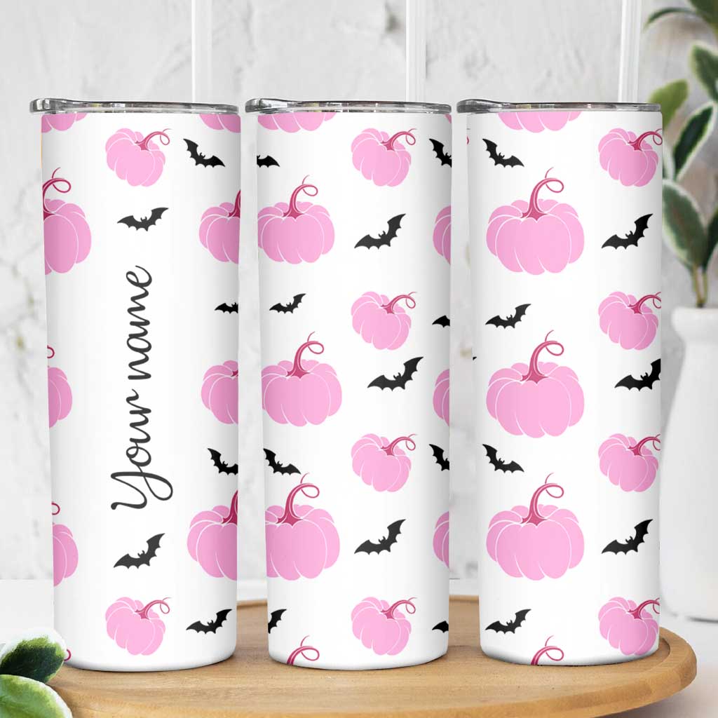 Personalized Halloween Iced Coffee Skinny Tumbler Custom Name Pink Pumpkin Cup - Wonder Print Shop