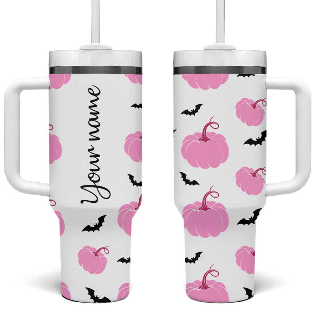 Personalized Halloween Iced Coffee Tumbler With Handle Custom Name Pink Pumpkin Cup - Wonder Print Shop