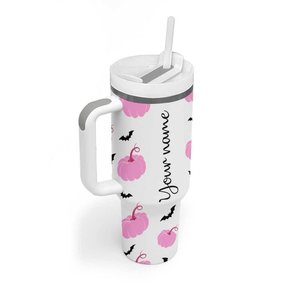 Personalized Halloween Iced Coffee Tumbler With Handle Custom Name Pink Pumpkin Cup - Wonder Print Shop