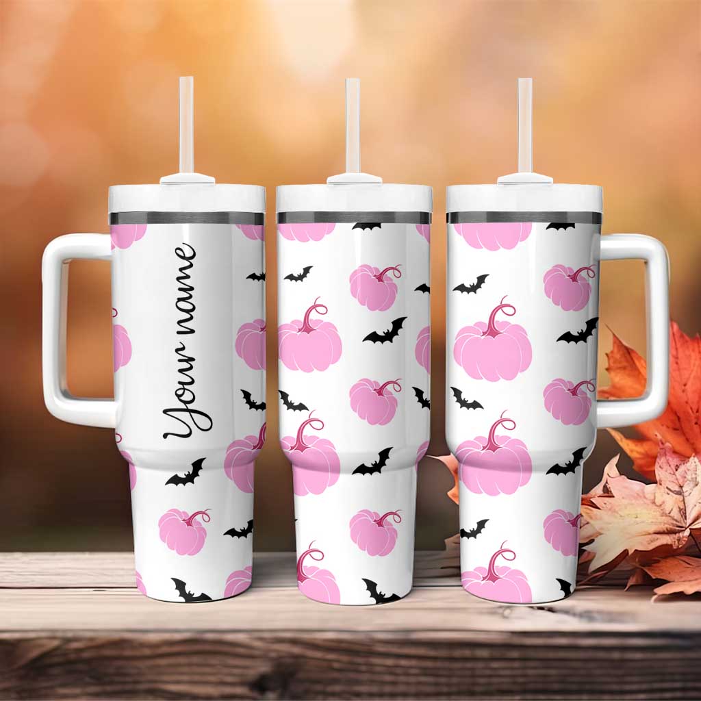 Personalized Halloween Iced Coffee Tumbler With Handle Custom Name Pink Pumpkin Cup - Wonder Print Shop