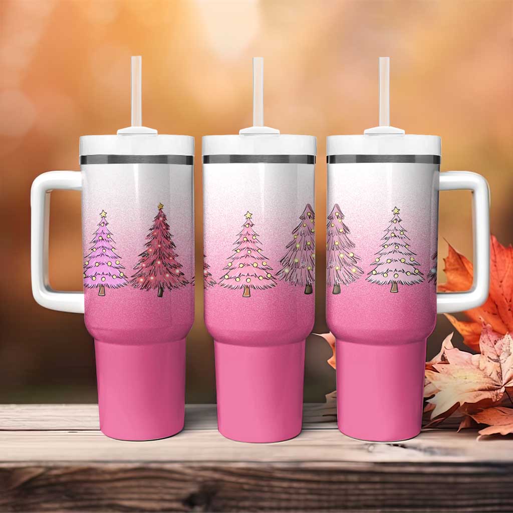 Pink Christmas Tumbler With Handle Xmas Trees Pinkmas Gift For Her - Wonder Print Shop