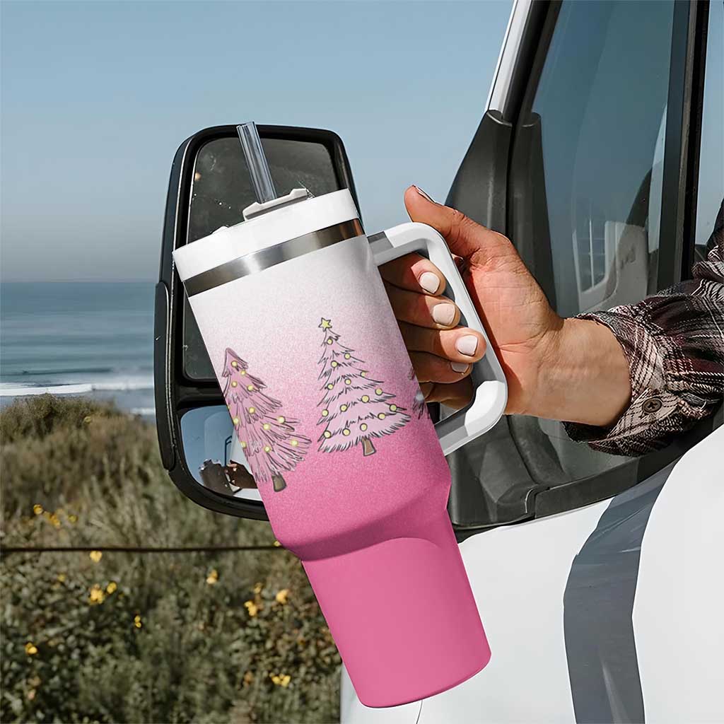 Pink Christmas Tumbler With Handle Xmas Trees Pinkmas Gift For Her - Wonder Print Shop