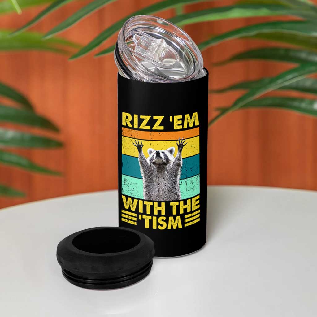 Rizz Em With The Tism Raccoon 4 in 1 Can Cooler Tumbler Retro Silly Trash Panda Autism Meme Autistic ASD