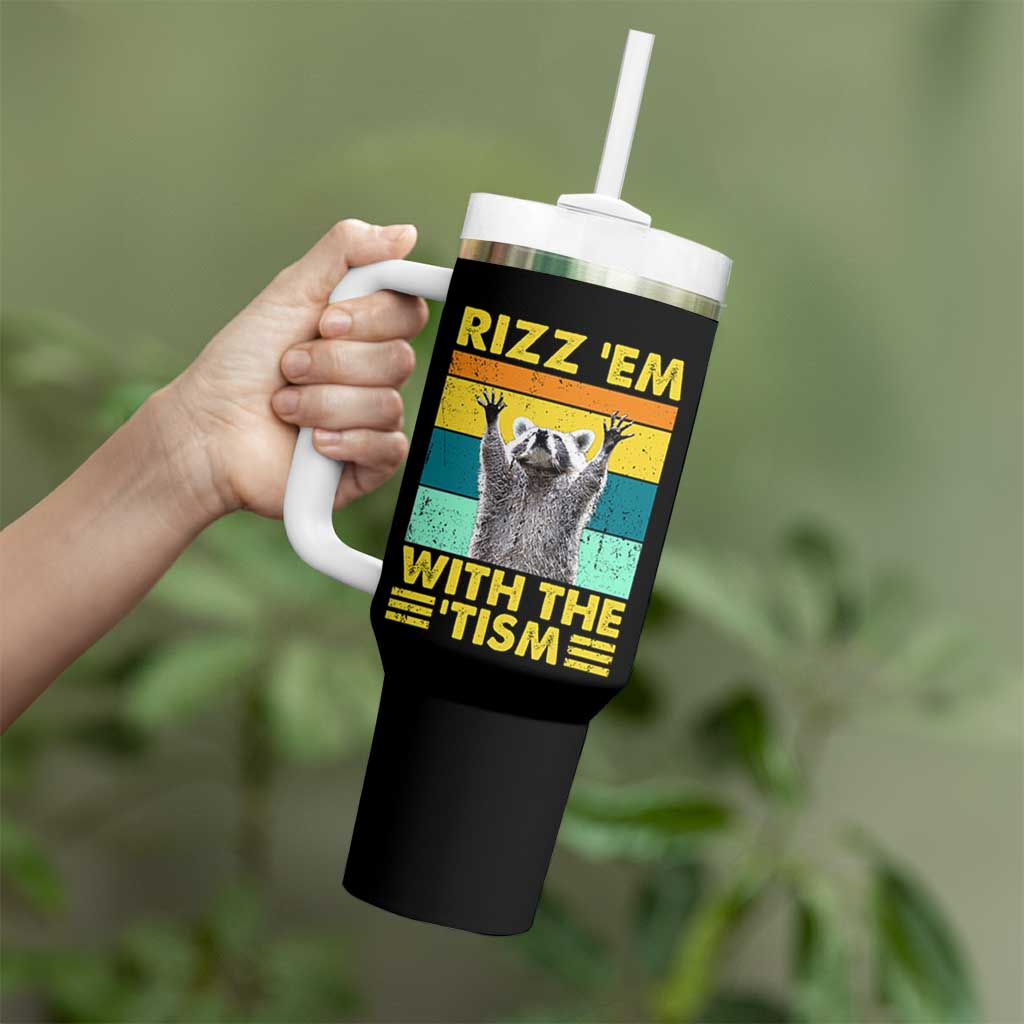 Rizz Em With The Tism Raccoon Tumbler With Handle Retro Silly Trash Panda Autism Meme Autistic ASD