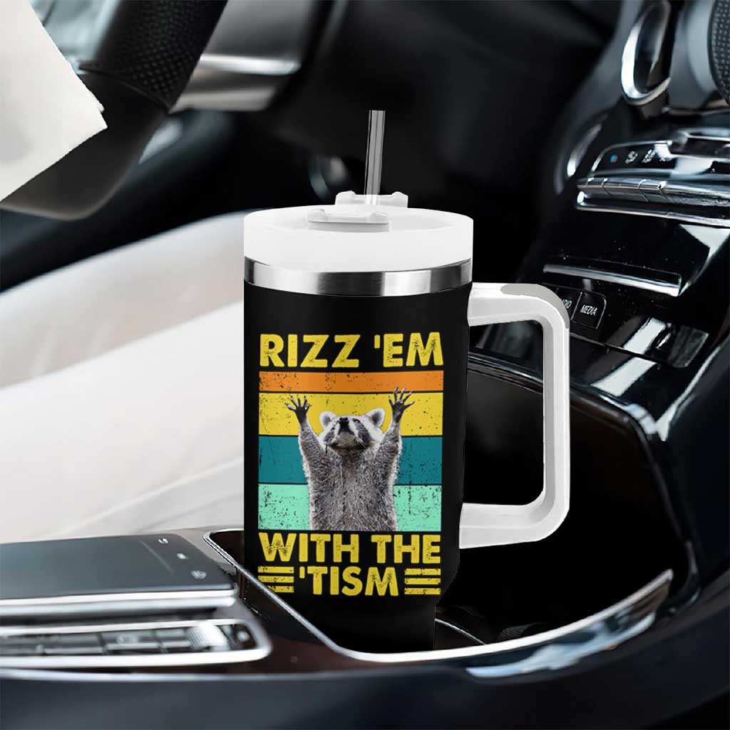 Rizz Em With The Tism Raccoon Tumbler With Handle Retro Silly Trash Panda Autism Meme Autistic ASD