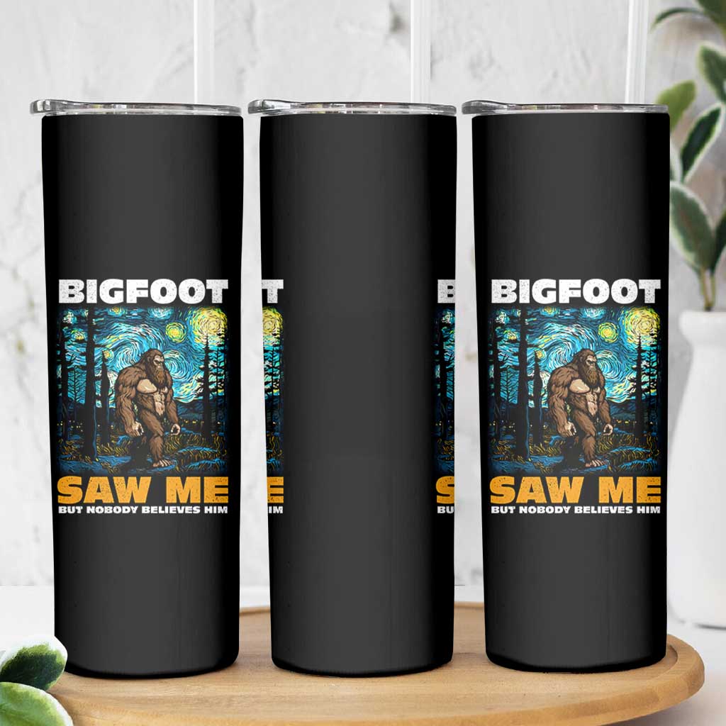 Funny Bigfoot Gifts Skinny Tumbler Retro Sasquatch Starry Night Van Gogh Sky Painting
