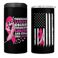 Funny Breast Cancer 4 in 1 Can Cooler Tumbler Pink Ribbon American Flag Fighting Cancer Still Sexy