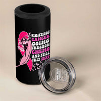 Funny Breast Cancer 4 in 1 Can Cooler Tumbler Pink Ribbon American Flag Fighting Cancer Still Sexy