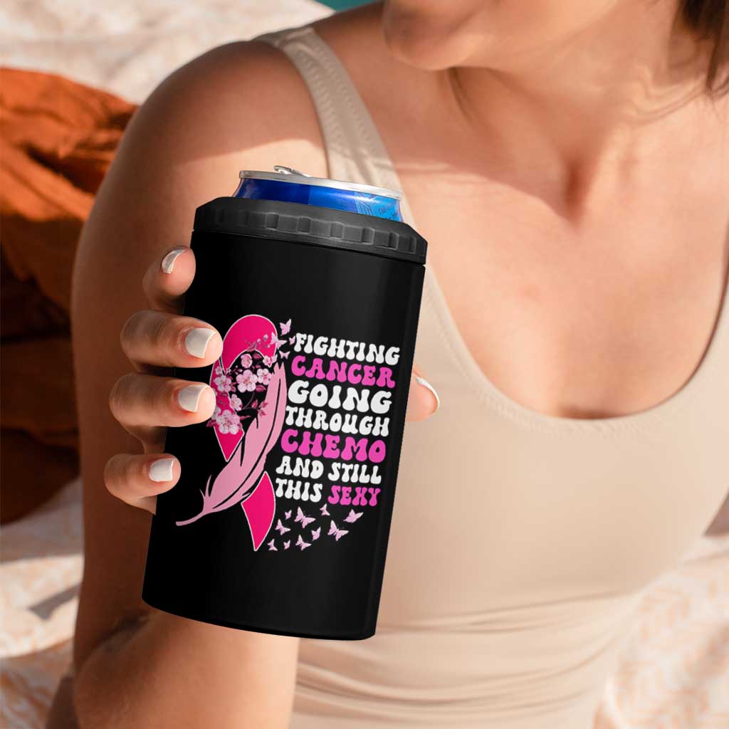 Funny Breast Cancer 4 in 1 Can Cooler Tumbler Pink Ribbon American Flag Fighting Cancer Still Sexy