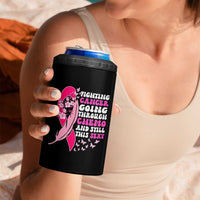 Funny Breast Cancer 4 in 1 Can Cooler Tumbler Pink Ribbon American Flag Fighting Cancer Still Sexy