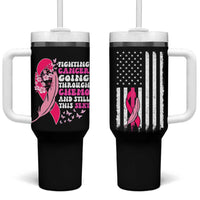 Funny Breast Cancer Tumbler With Handle Pink Ribbon American Flag Fighting Cancer Still Sexy