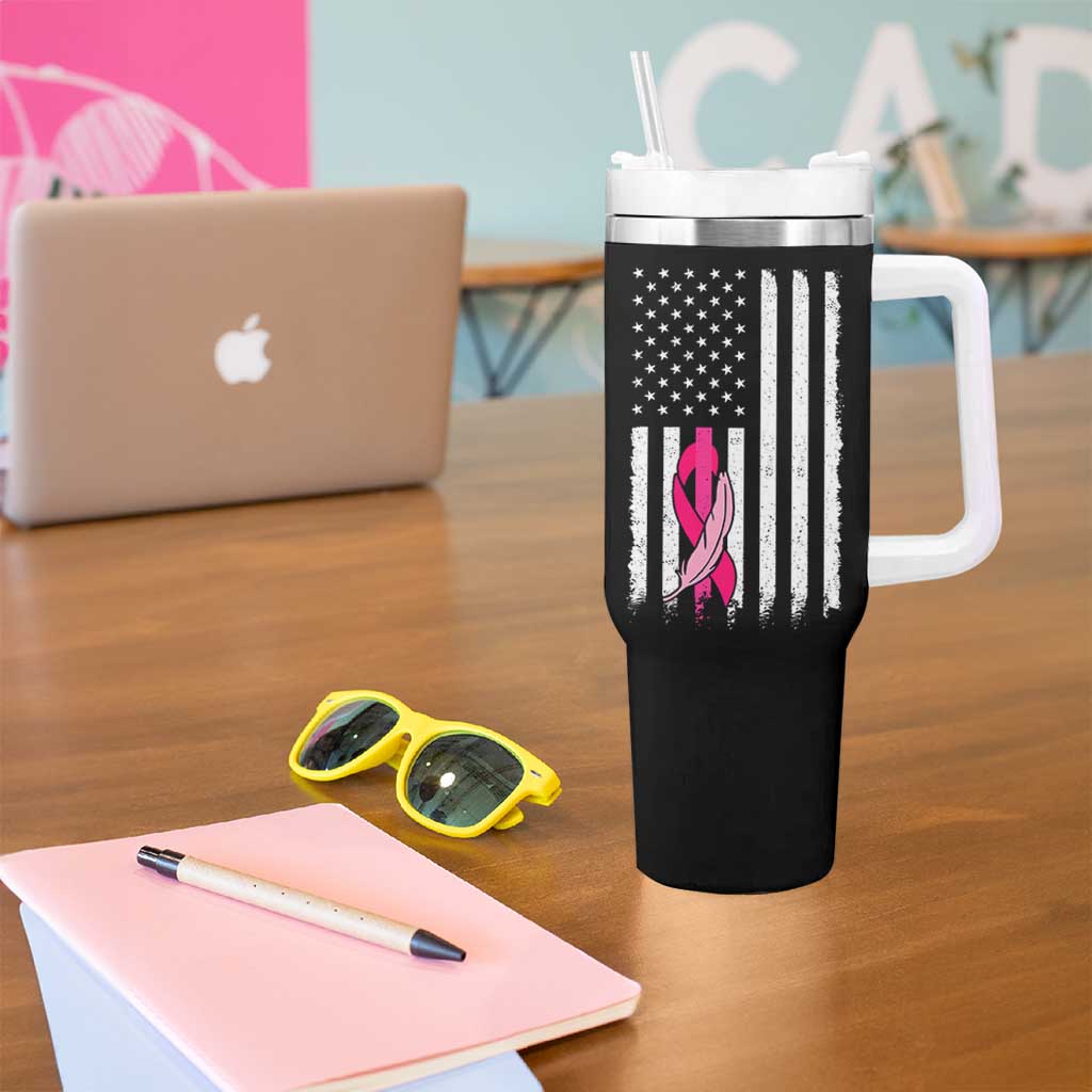Funny Breast Cancer Tumbler With Handle Pink Ribbon American Flag Fighting Cancer Still Sexy
