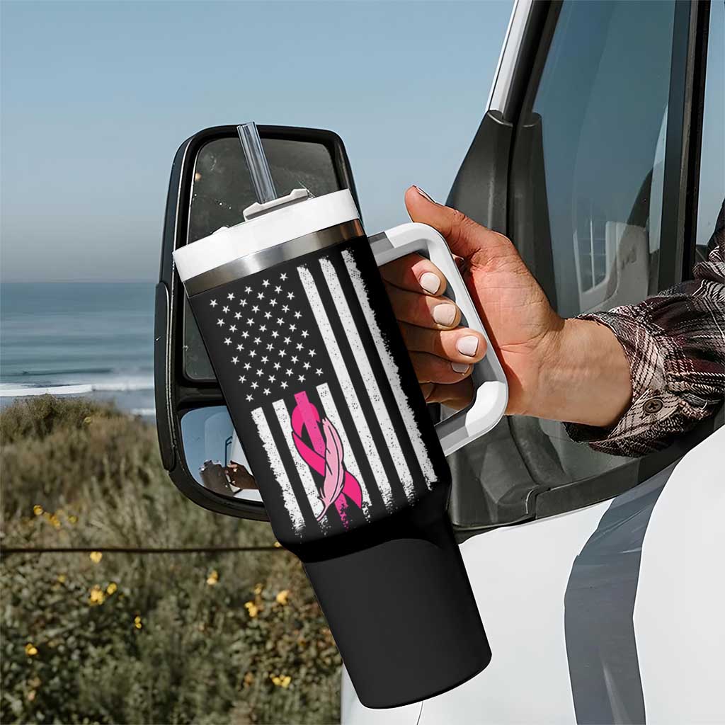 Funny Breast Cancer Tumbler With Handle Pink Ribbon American Flag Fighting Cancer Still Sexy