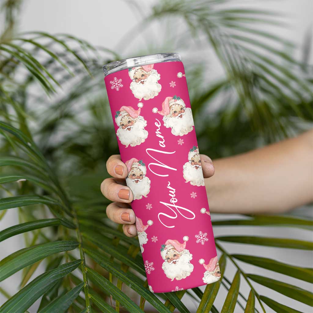 Personalized Christmas Skinny Tumbler Custom Name Pink Santa Claus Retro Xmas Gifts - Wonder Print Shop