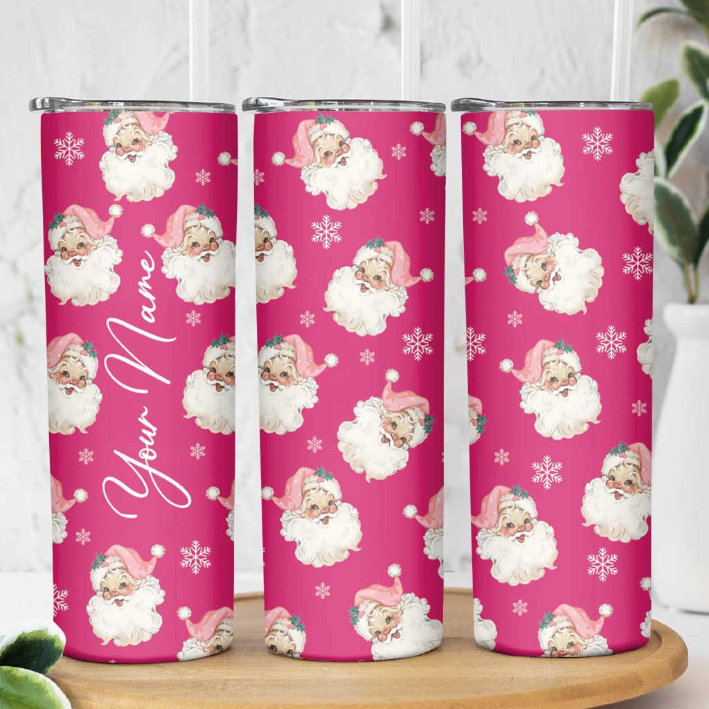 Personalized Christmas Skinny Tumbler Custom Name Pink Santa Claus Retro Xmas Gifts - Wonder Print Shop