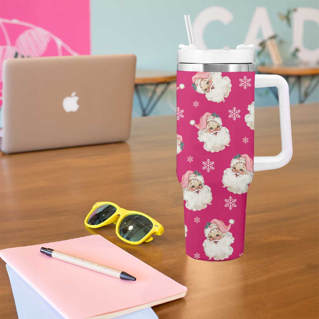 Personalized Christmas Tumbler With Handle Custom Name Pink Santa Claus Retro Xmas Gifts - Wonder Print Shop