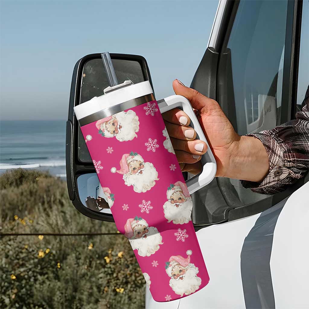 Personalized Christmas Tumbler With Handle Custom Name Pink Santa Claus Retro Xmas Gifts - Wonder Print Shop