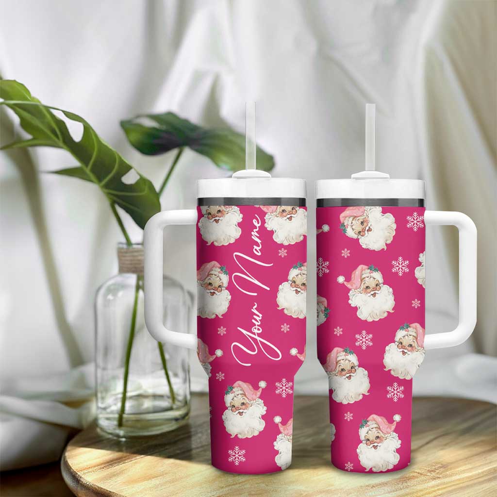 Personalized Christmas Tumbler With Handle Custom Name Pink Santa Claus Retro Xmas Gifts - Wonder Print Shop