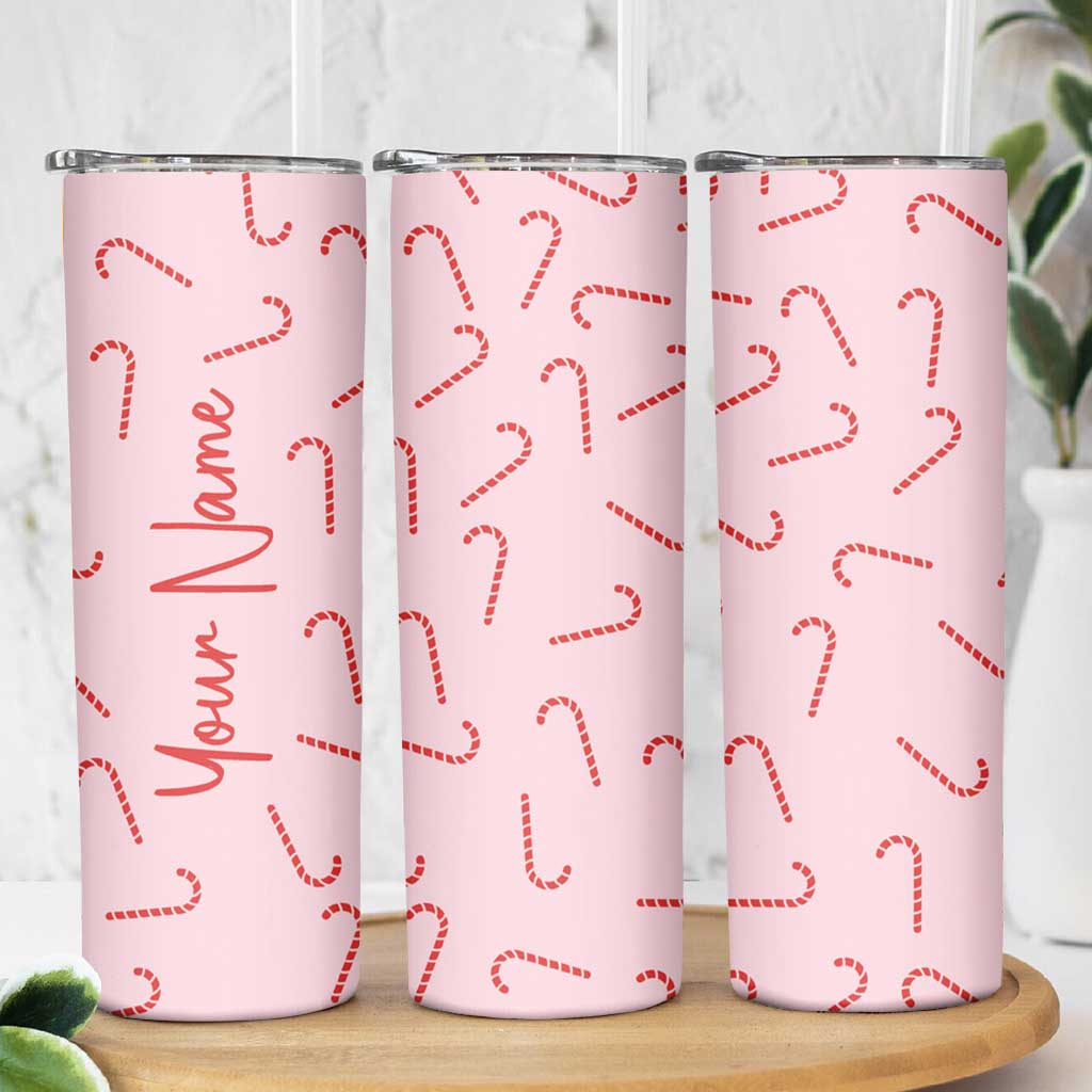 Personalized Christmas Skinny Tumbler Custom Name Candy Canes Pink Xmas Gifts - Wonder Print Shop