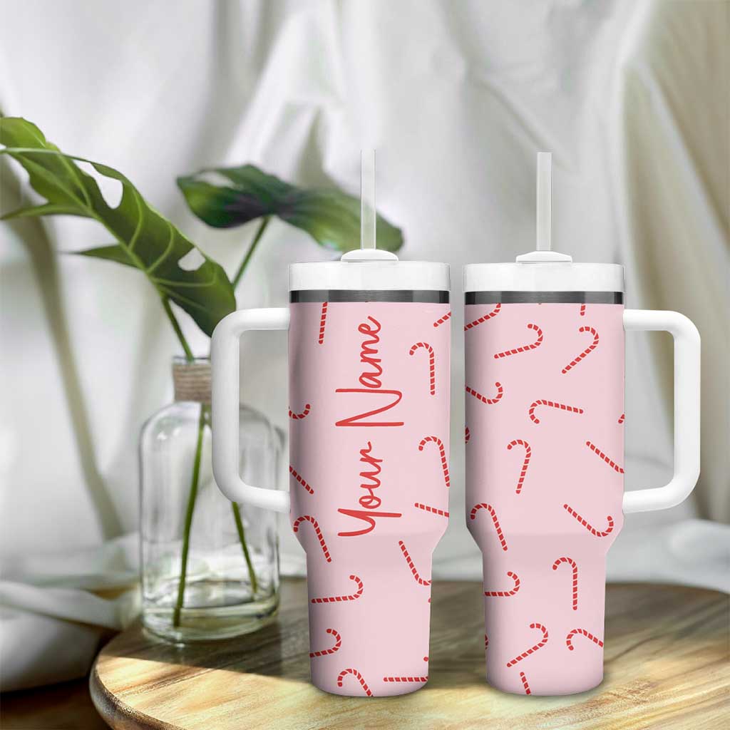 Personalized Christmas Tumbler With Handle Custom Name Candy Canes Pink Xmas Gifts - Wonder Print Shop