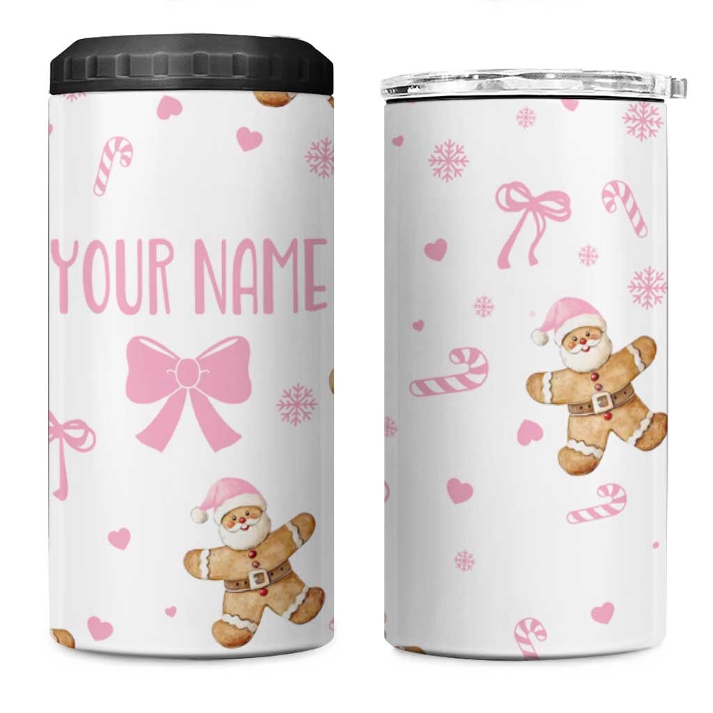 Personalized Christmas 4 in 1 Can Cooler Tumbler Custom Name Coquette Pink Bow Gingerbread Man - Wonder Print Shop