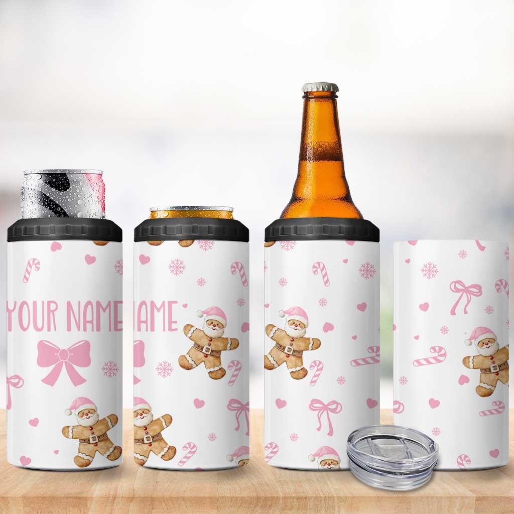 Personalized Christmas 4 in 1 Can Cooler Tumbler Custom Name Coquette Pink Bow Gingerbread Man - Wonder Print Shop