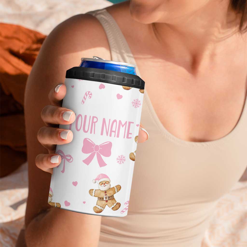 Personalized Christmas 4 in 1 Can Cooler Tumbler Custom Name Coquette Pink Bow Gingerbread Man - Wonder Print Shop