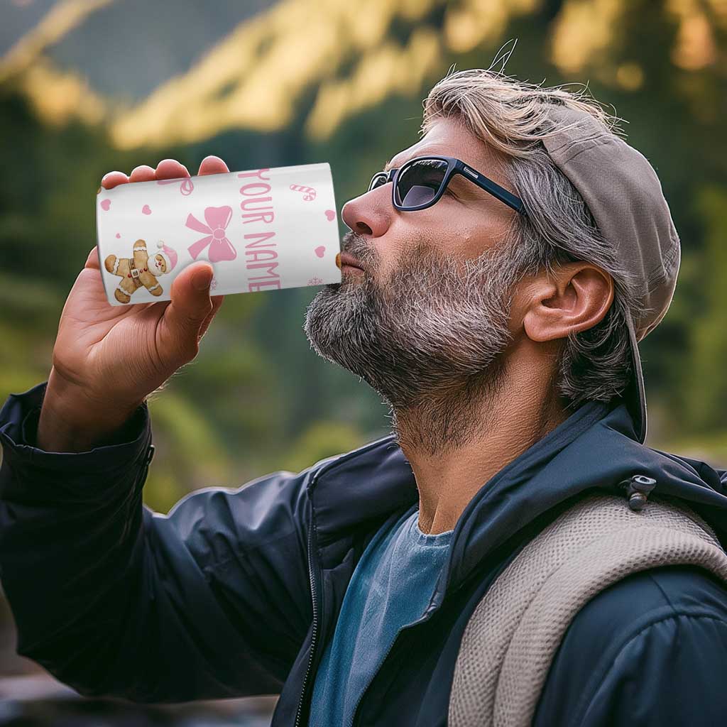 Personalized Christmas 4 in 1 Can Cooler Tumbler Custom Name Coquette Pink Bow Gingerbread Man - Wonder Print Shop