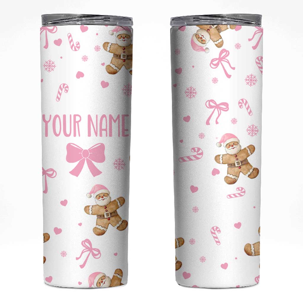 Personalized Christmas Skinny Tumbler Custom Name Coquette Pink Bow Gingerbread Man - Wonder Print Shop