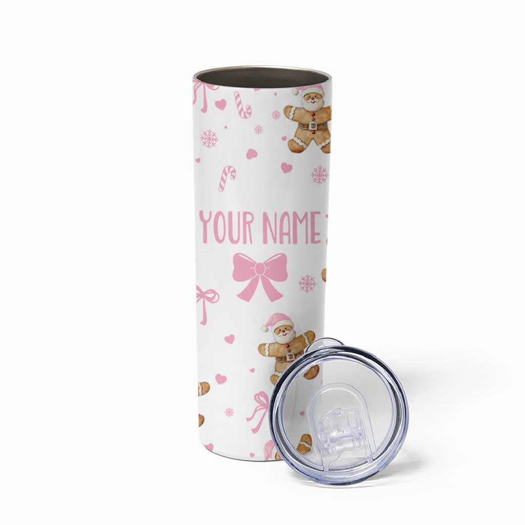 Personalized Christmas Skinny Tumbler Custom Name Coquette Pink Bow Gingerbread Man - Wonder Print Shop