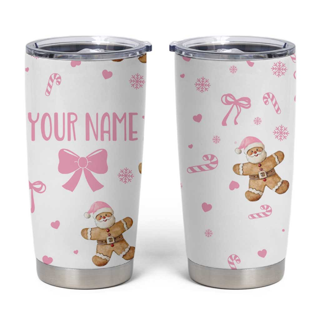 Personalized Christmas Tumbler Cup Custom Name Coquette Pink Bow Gingerbread Man - Wonder Print Shop