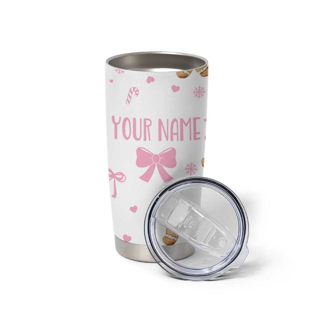 Personalized Christmas Tumbler Cup Custom Name Coquette Pink Bow Gingerbread Man - Wonder Print Shop