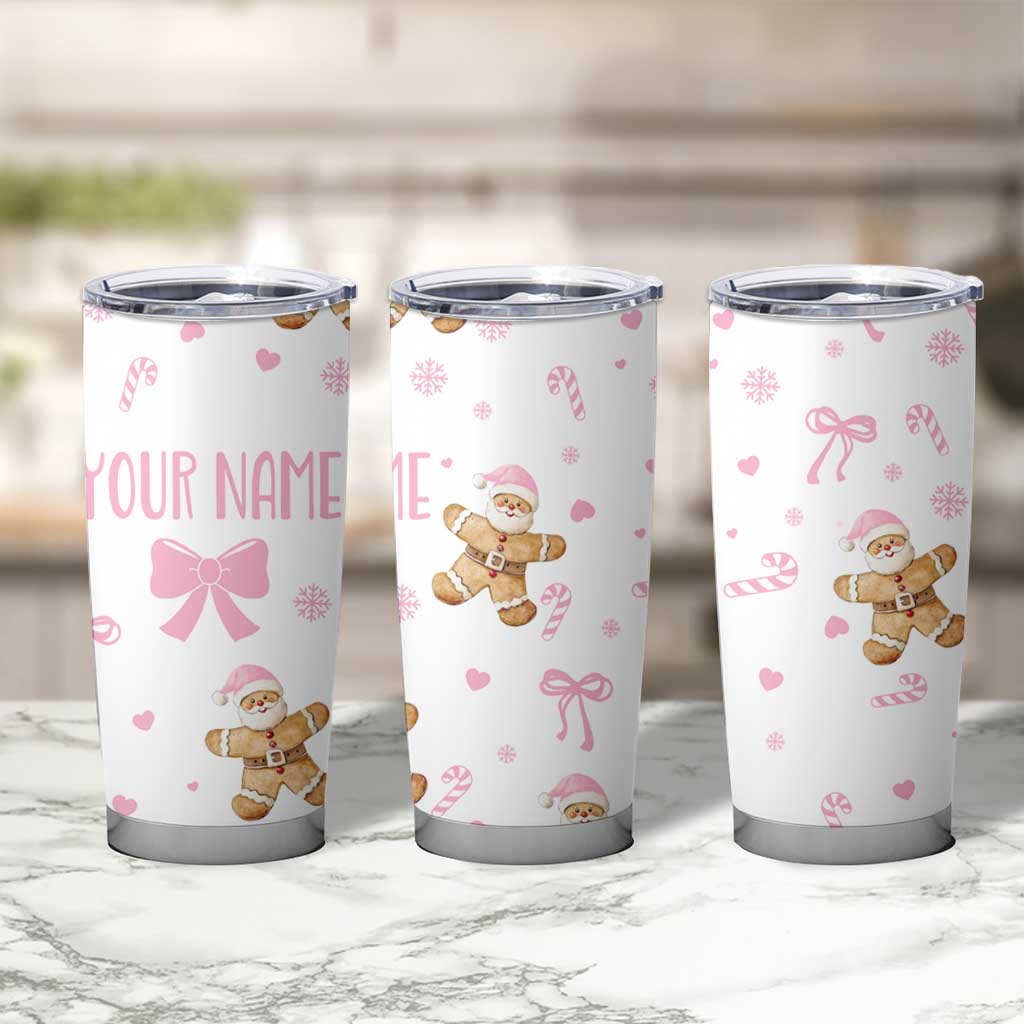 Personalized Christmas Tumbler Cup Custom Name Coquette Pink Bow Gingerbread Man - Wonder Print Shop