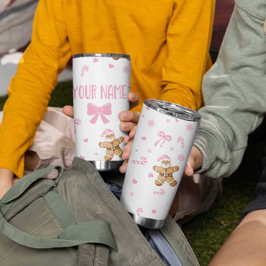 Personalized Christmas Tumbler Cup Custom Name Coquette Pink Bow Gingerbread Man - Wonder Print Shop