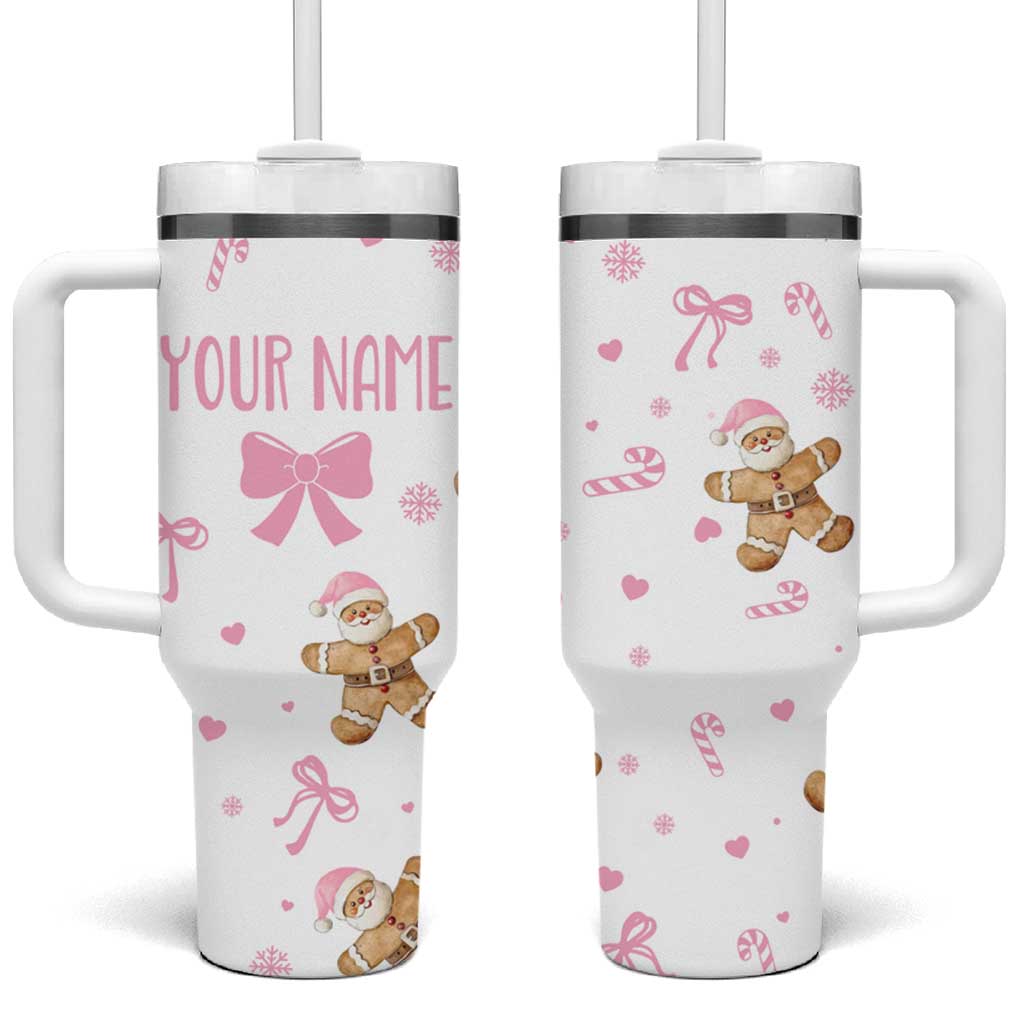 Personalized Christmas Tumbler With Handle Custom Name Coquette Pink Bow Gingerbread Man - Wonder Print Shop