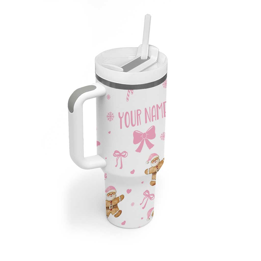 Personalized Christmas Tumbler With Handle Custom Name Coquette Pink Bow Gingerbread Man - Wonder Print Shop