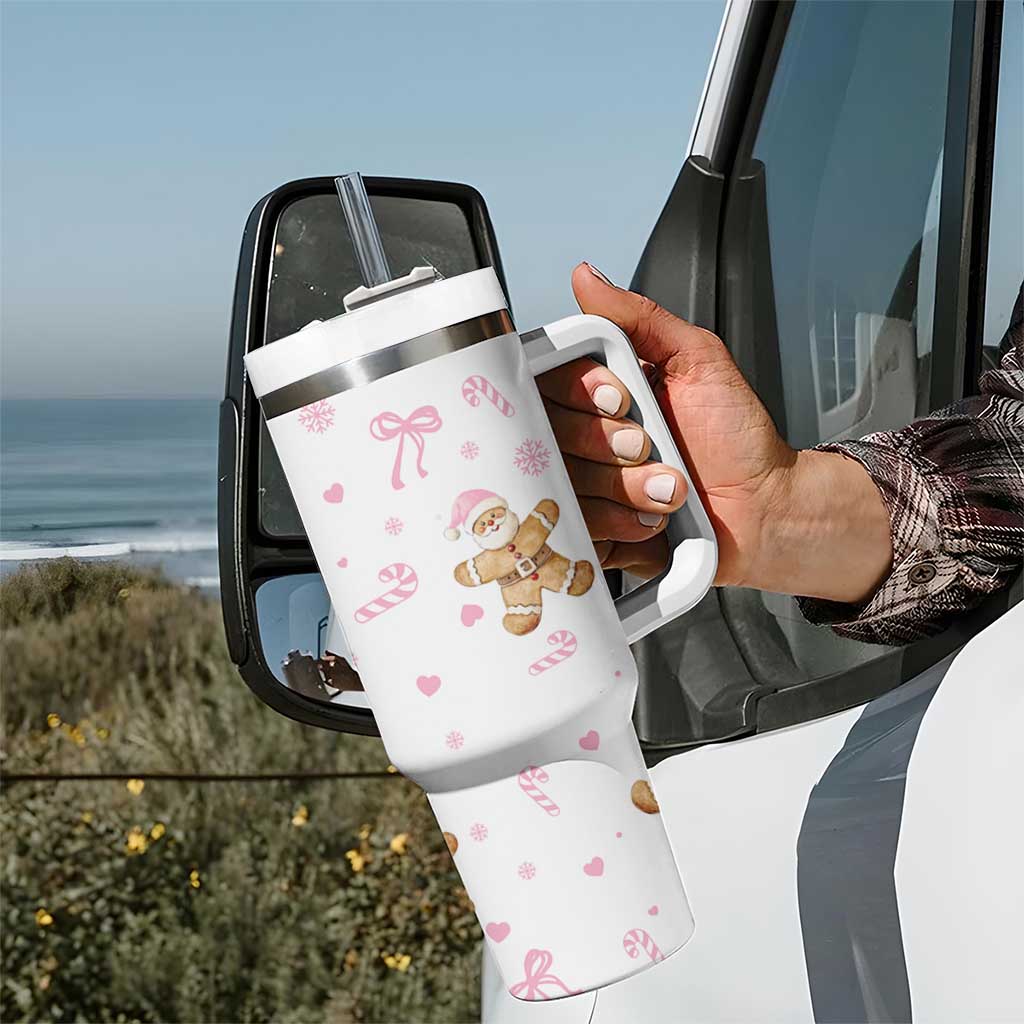 Personalized Christmas Tumbler With Handle Custom Name Coquette Pink Bow Gingerbread Man - Wonder Print Shop