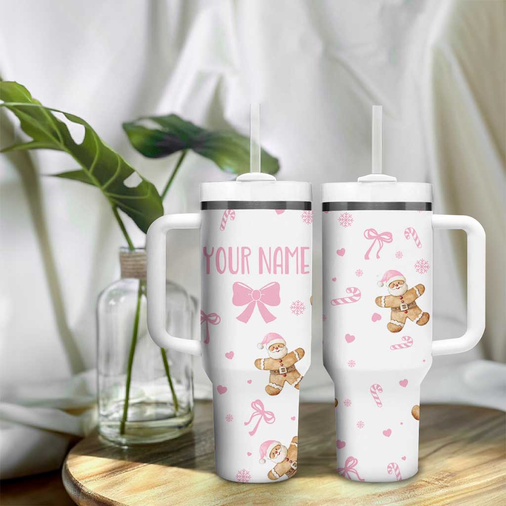 Personalized Christmas Tumbler With Handle Custom Name Coquette Pink Bow Gingerbread Man - Wonder Print Shop