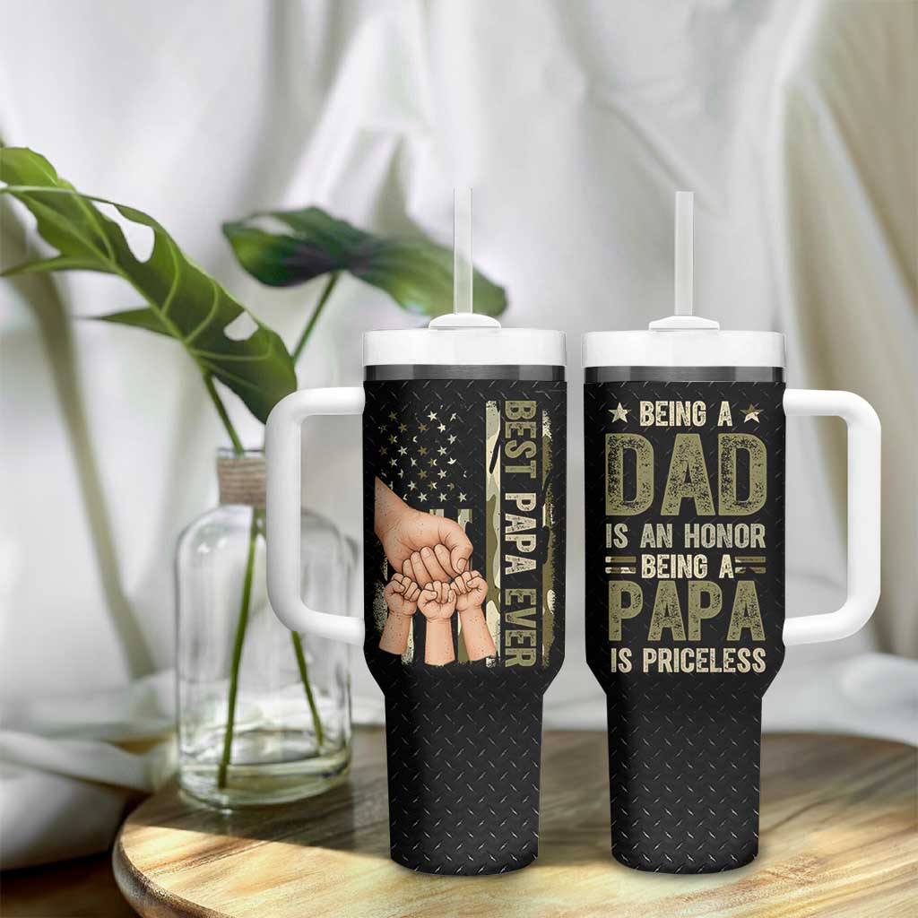 Best Papa Ever Tumbler With Handle Being A Dad Is An Honor Vintage Camo Flag Father's Day