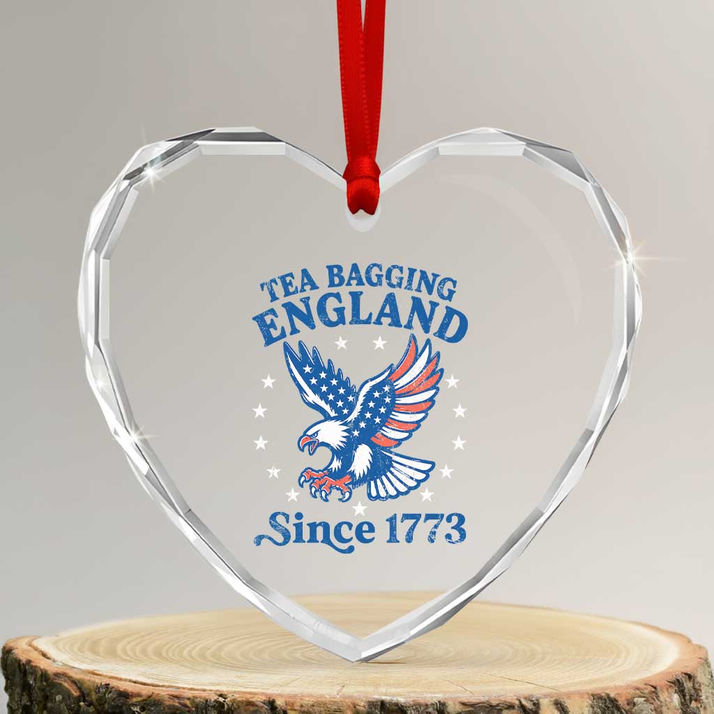 Tea Bagging England Since 1773 Heart Crystal Glass Ornament Patriotic Eagle 4th of July