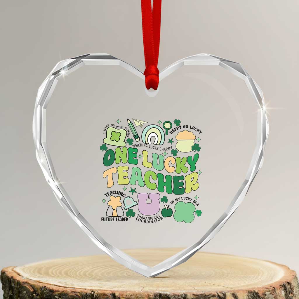 Teachers St Patrick's Day Heart Crystal Glass Ornament One Lucky Teacher Retro Groovy - Wonder Print Shop