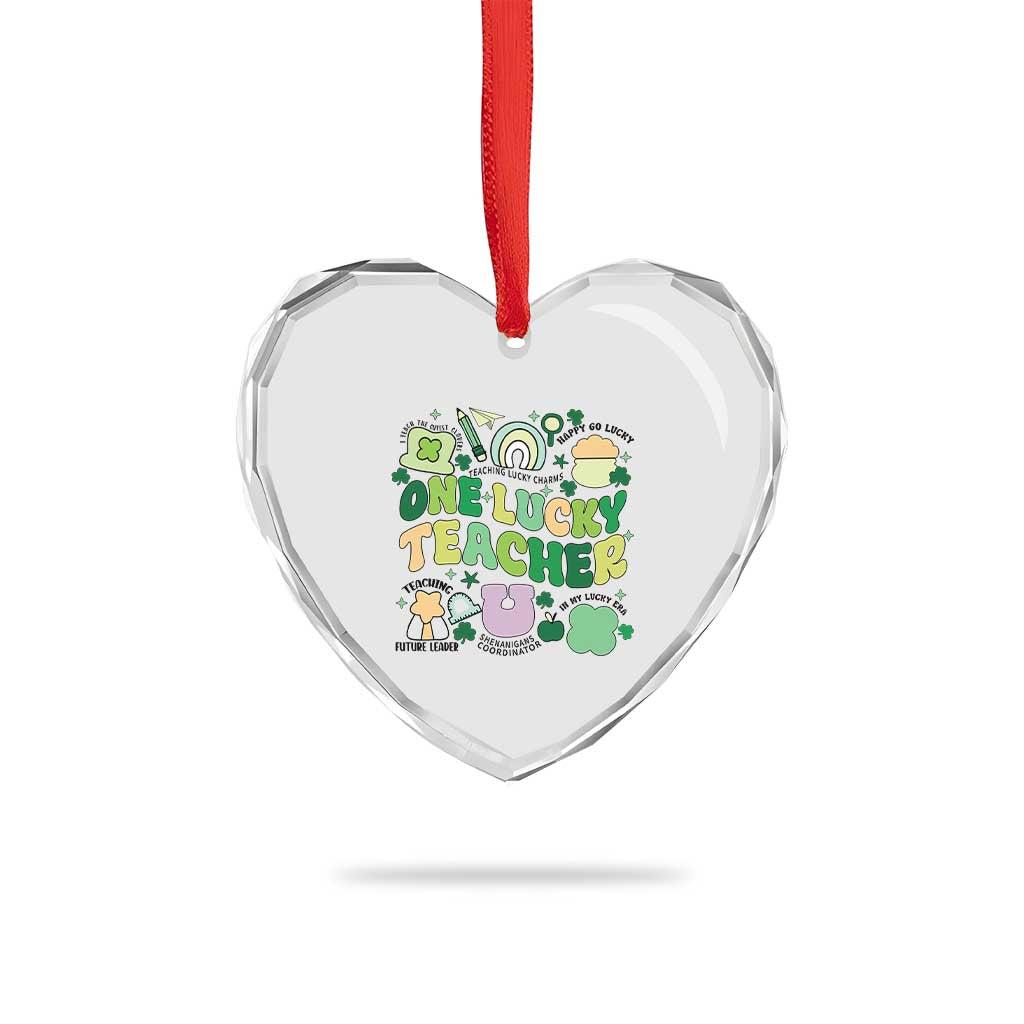 Teachers St Patrick's Day Heart Crystal Glass Ornament One Lucky Teacher Retro Groovy - Wonder Print Shop