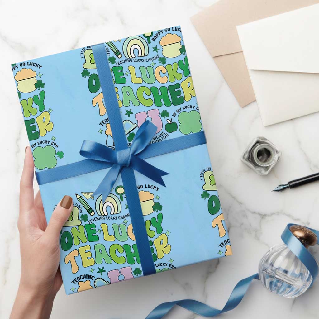 Teachers St Patrick's Day Wrapping Paper Roll One Lucky Teacher Retro Groovy - Wonder Print Shop