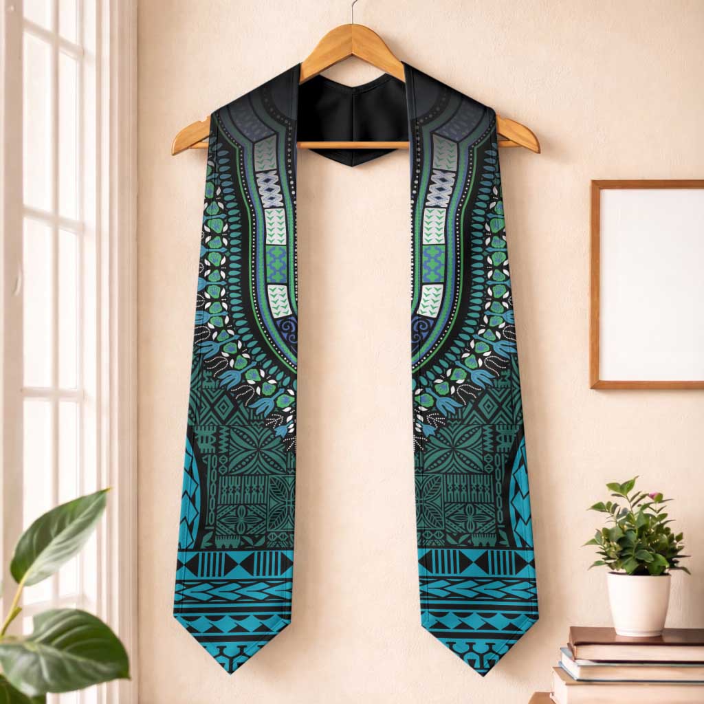 Teal Dashiki and Tapa Pattern Graduation Stole Africa-Polynesia Together Culture