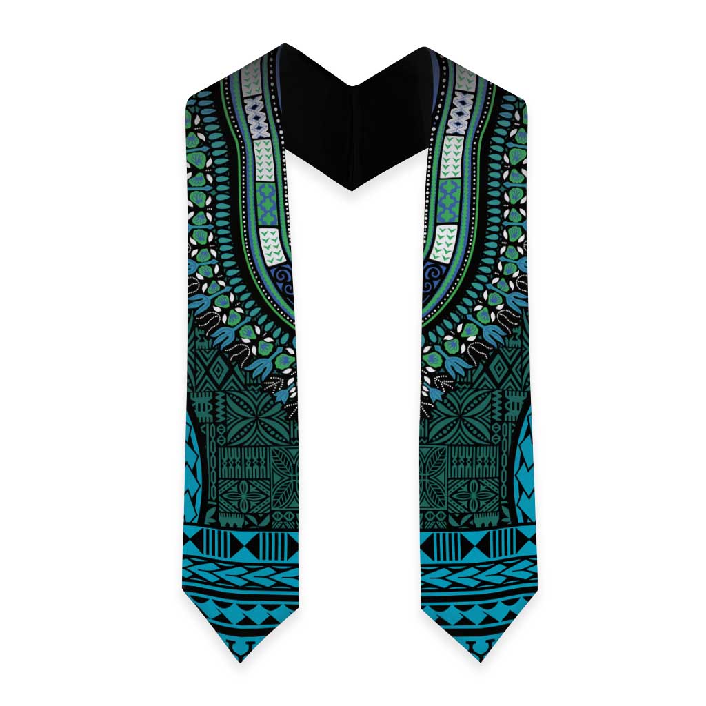 Teal Dashiki and Tapa Pattern Graduation Stole Africa-Polynesia Together Culture