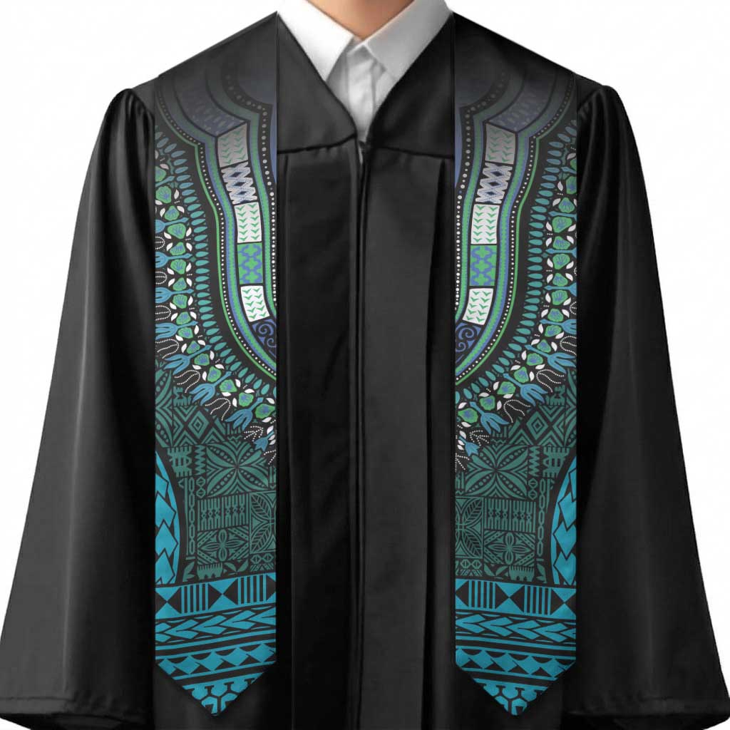 Teal Dashiki and Tapa Pattern Graduation Stole Africa-Polynesia Together Culture