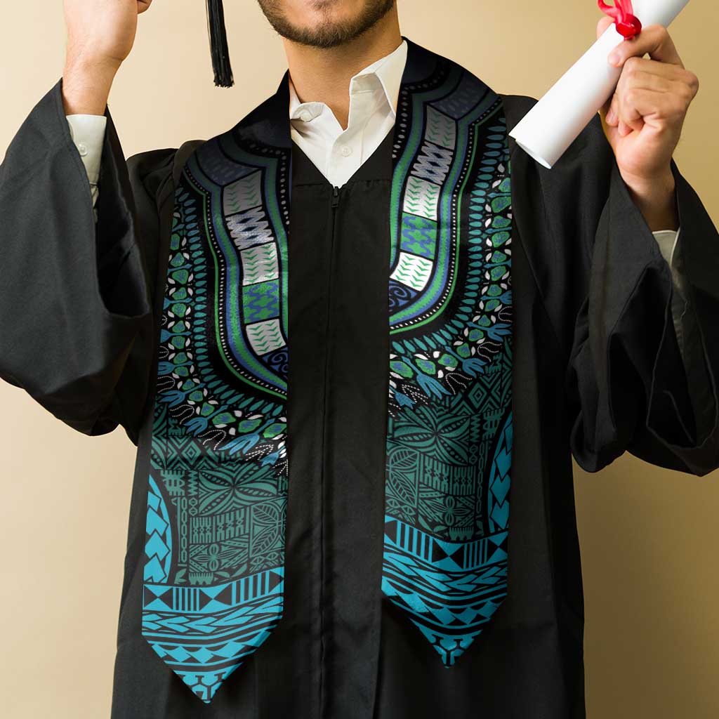 Teal Dashiki and Tapa Pattern Graduation Stole Africa-Polynesia Together Culture