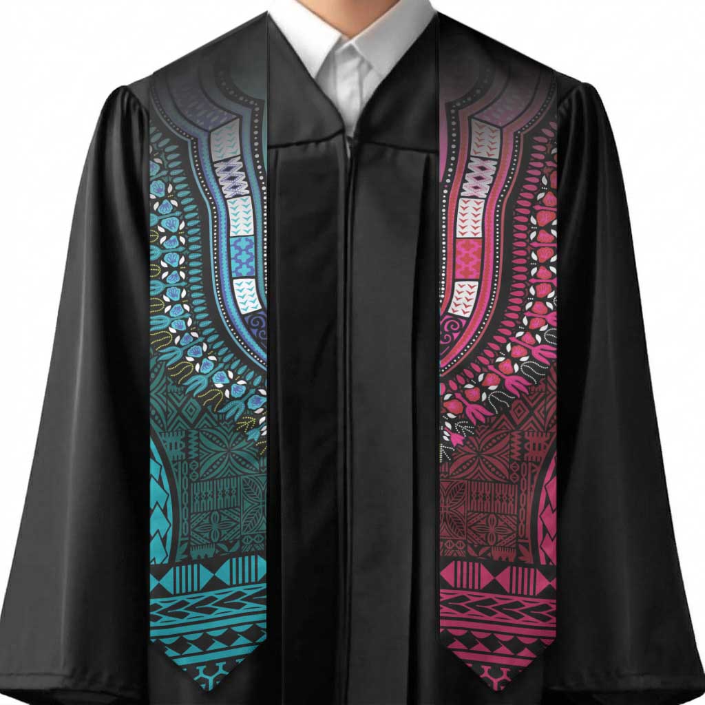 Teal-pink Dashiki and Tapa Pattern Graduation Stole Africa-Polynesia Together Culture