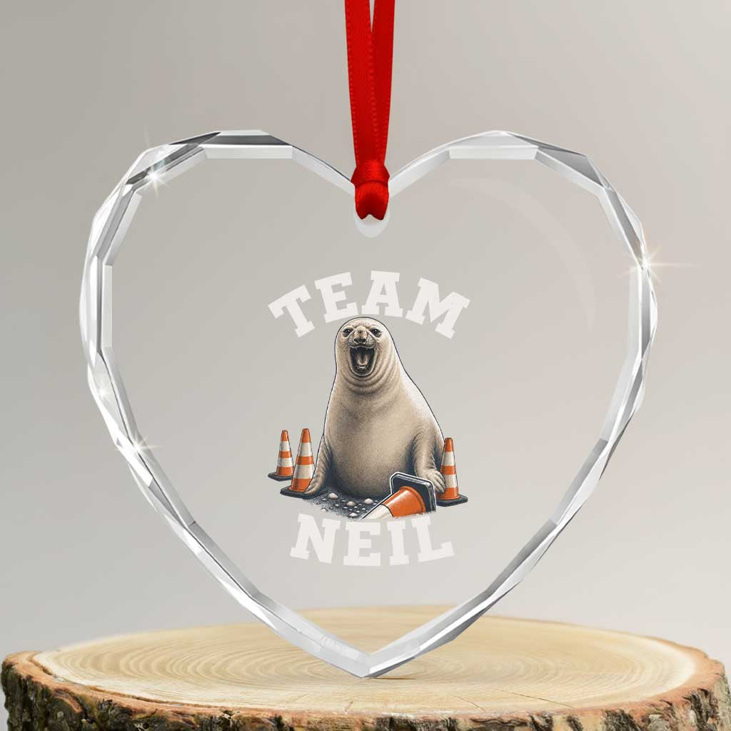 Team Neil The Seal Heart Crystal Glass Ornament Funny Tasmania Elephant Seal with Traffic Cone