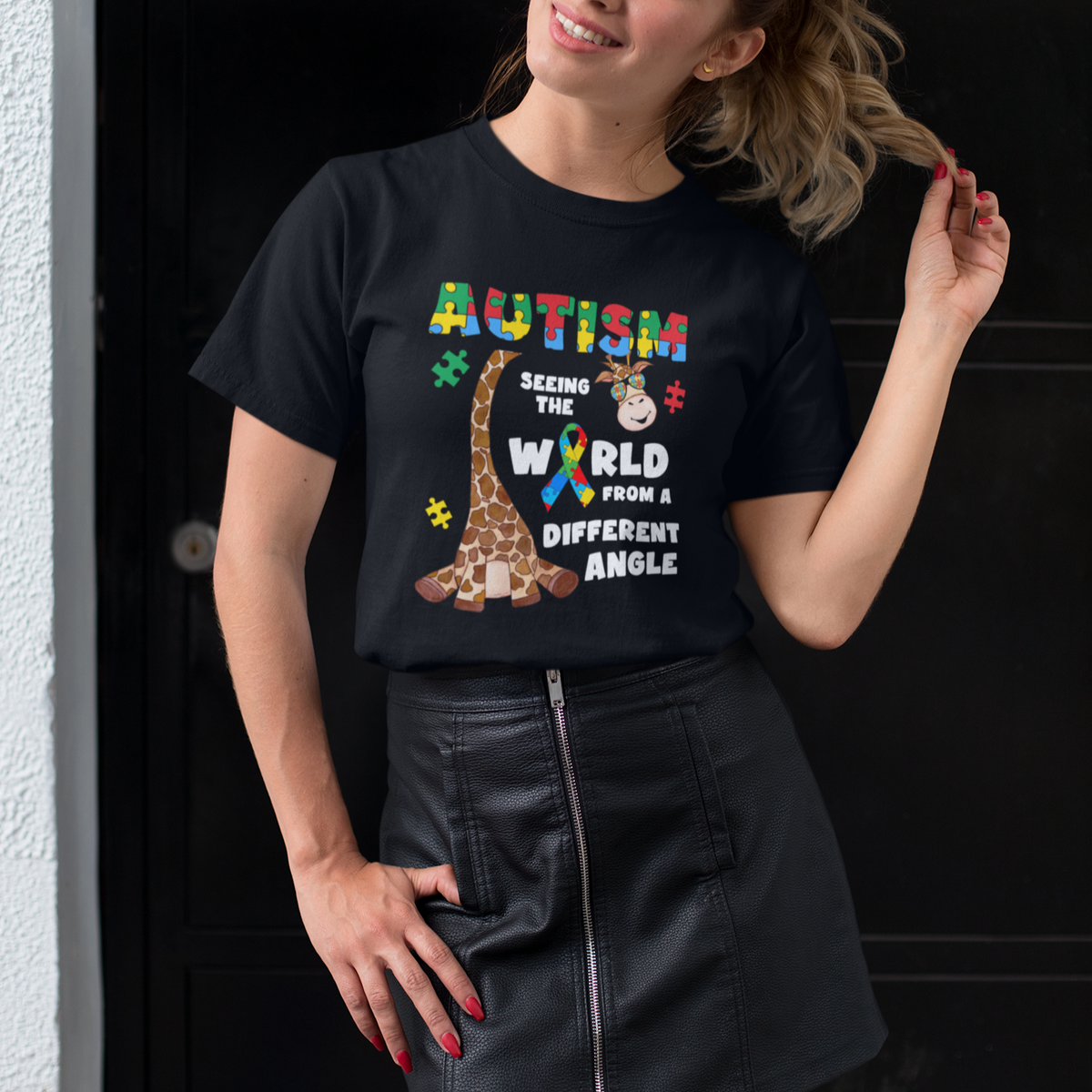 Autism Giraffe T Shirt For Women Seeing The World From A Different Angle Puzzle Pieces - Wonder Print Shop